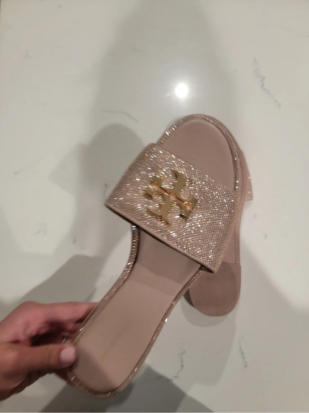 Tory Burch Women’s Glitter Logo Slide Sandals in Blush